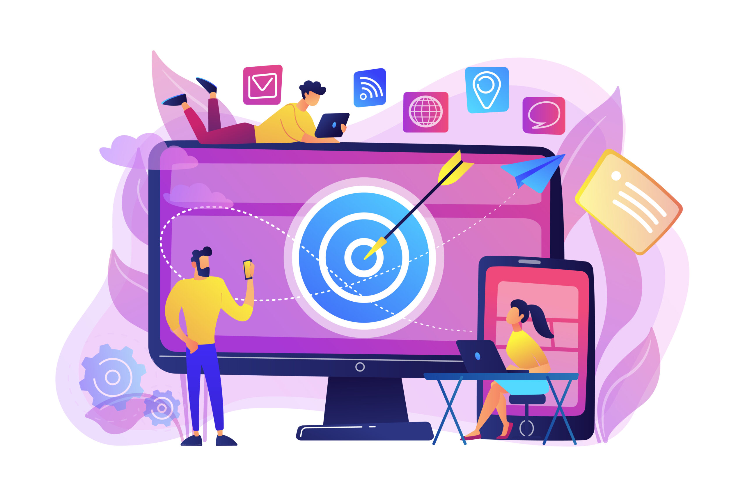 Concumers with devices get targeted ads and messages. Multi device targeting, reaching audience, cross-device marketing concept on white background. Bright vibrant violet vector isolated illustration
